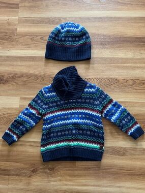 Janie and Jack Ribbed Knit Sweater Multicolor Fair Isle Cowl Kids matching hat